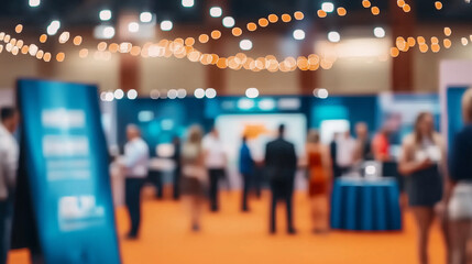 Blurred background of a bustling business fair or conference with professionals walking around and engaging in meetings at exhibition tables. The dynamic atmosphere captures networking, collaboration,