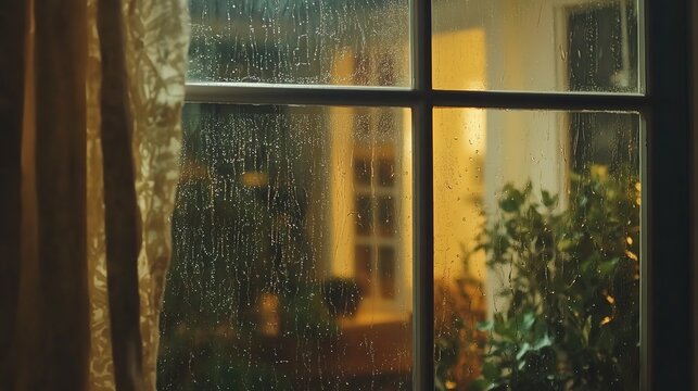 Close-up shot of the window in a modern apartment with a rainy city view, a cozy sofa and a lamp on it, in the evening, with warm light from inside the room.