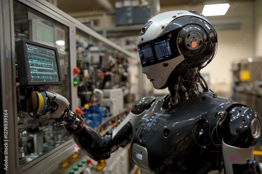 Poster a highly detailed robot is interacting with a complex system of displays in an industrial environmen