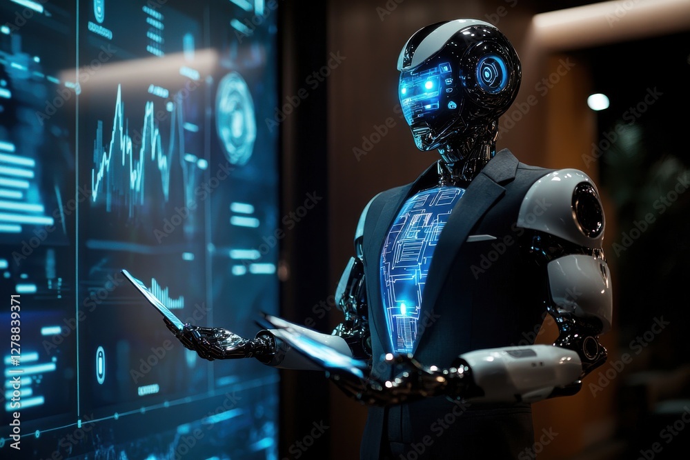 Poster sophisticated ai robot analyst interpreting complex data, blending technological innovation with str