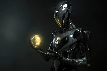 Naklejka premium A futuristic robot holding a glowing orb of energy in its hands, standing against a dark, moody background and highlighting technological advancements.