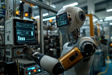 Fototapeta premium A modern humanoid robot analyzing data on a screen in an industrial setting, showcasing advancements in automated manufacturing and technology integration.