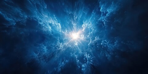 Fototapeta premium A radiant blue star glows at the heart of the image, its core ablaze with shimmering white light. Surrounded by an enigmatic dark blue void, it commands awe and wonder in the celestial scene