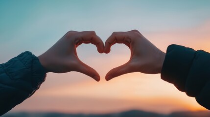 Hands Forming Heart Shape Against Beautiful Sunset Background