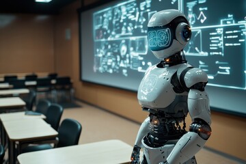 In a classroom of the future, a humanoid robot stands before a projection screen displaying intricate diagrams, symbolizing the integration of AI in education and technological advancements.