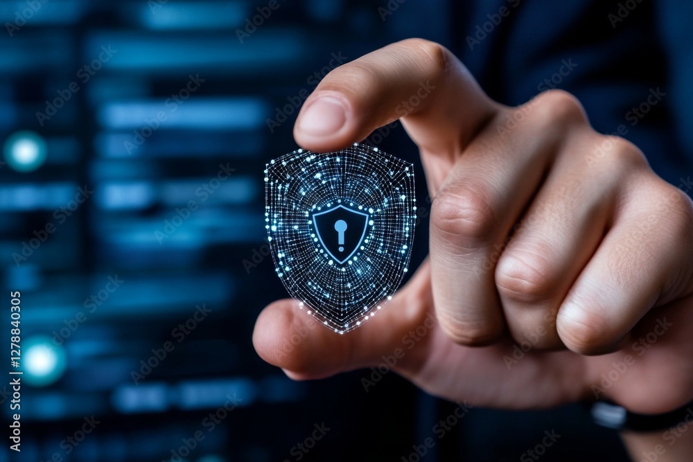 Aufkleber Abstract concepts of cybersecurity technology and digital data protection Protect internet network connection with polygons, dots and lines with dark blue background, center focus, side blur
