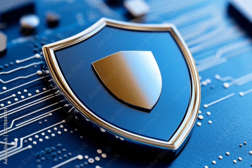 Aufkleber Abstract concepts of cybersecurity technology and digital data protection Protect internet network connection with polygons, dots and lines with dark blue background, center focus, side blur