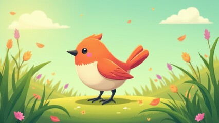 A cute little bird illustration in a vibrant, whimsical meadow with colorful flowers and falling leaves.