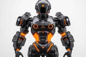Fototapeta premium Detailed futuristic robot, black armor, glowing orange lights on a white background, depicting advanced technology, artificial intelligence, and a sleek, modern design