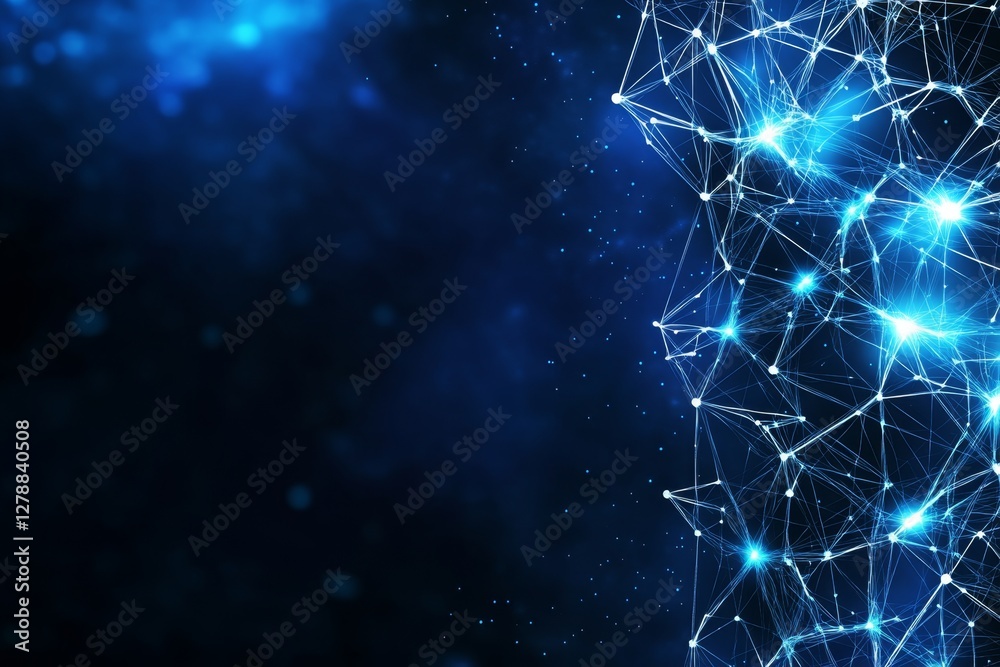 Poster Abstract dark blue digital background with sparkling blue light particles and areas with deep depths Particles form into lines, surfaces and grids