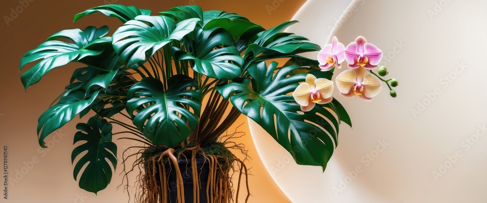 Poster Monstera plant with large green leaves alongside pink and yellow orchids in a decorative pot against a soft background