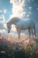 White Horse in Flower Field