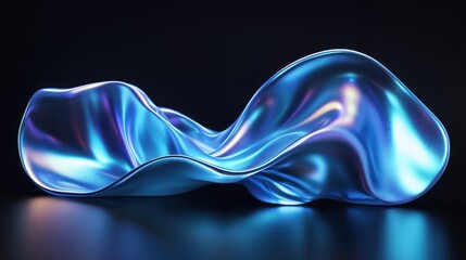 An abstract 3D render displays a wavy iridescent shape set against a black background.