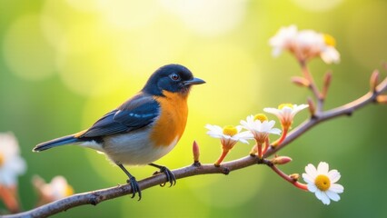 Obraz premium A little bird perches on a branch with white flowers, set against a blurred green background.