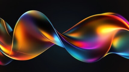 An abstract 3D render displays a wavy iridescent shape set against a black background.
