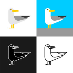 Seagull cute minimalistic color illustration. Fun and serious sea gull geometric logo standing on the surface and turn head back. Solid fill and outline style versions. Editable stroke.
