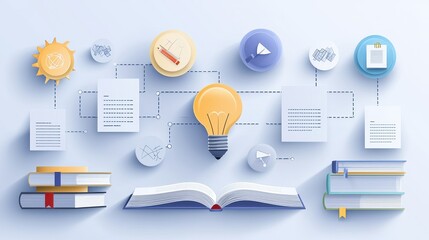 Illustration of learning concepts with books, lightbulb, and icons symbolizing knowledge and ideas.