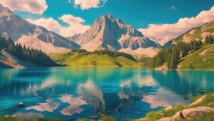 Mountain landscape with clear turquoise lake reflecting surrounding peaks and vibrant greenery under a blue sky with clouds