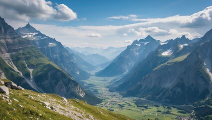 Obraz premium Scenic panoramic view of green valley surrounded by majestic mountains under bright blue sky with fluffy clouds in daytime