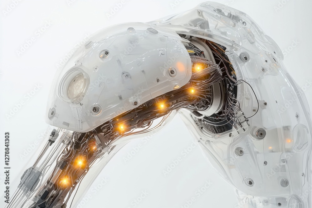 Poster artistic rendering of a translucent futuristic robot showcasing intricate internal wiring and mechan