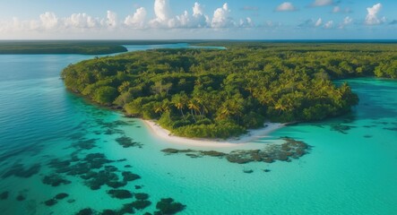 Fototapeta premium Aerial view of a tropical island surrounded by clear turquoise waters and lush green vegetation under a blue sky with clouds.