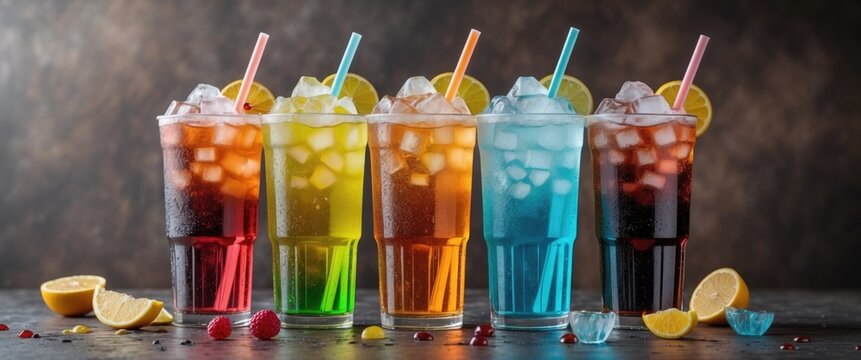 Assorted colorful soft drinks in tall glasses with ice cubes, lemon slices, and straws on a rustic table background.