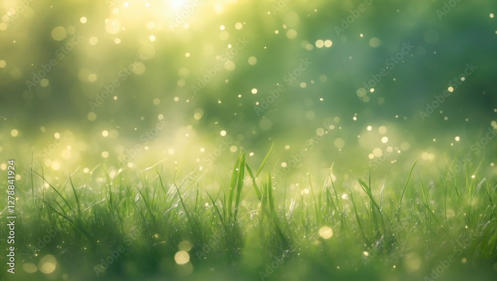 Poster soft focus on dew-covered green grass with bokeh effect in background creating a tranquil natural se