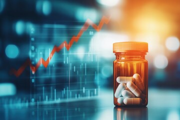 Medicine costs rising, pill bottle and upward trending graph representing increasing pharmaceutical expenses