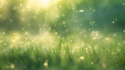 Soft focus on dew-covered green grass with bokeh effect in background creating a tranquil natural setting.