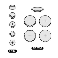 Tablet battery two type icons LR44 and CR2032. Top, bottom and 3D perspective view symbols of device energy source. Editable stroke.