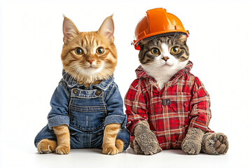 Purrfect Construction Crew: Two adorable cats, dressed in construction worker outfits, exude charm and professionalism, showcasing teamwork and dedication.
