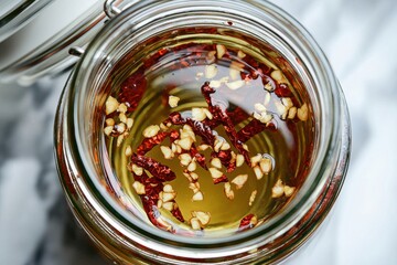 An overhead shot reveals homemade chili oil in a clear glass jar, infused with red chili flakes and garlic, ready to add a spicy, flavorful kick to any dish.