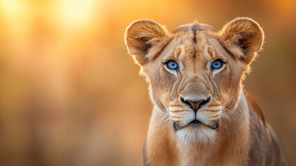 Obraz premium Close up of lioness with striking blue eyes, showcasing her majestic features against warm, blurred background. image captures essence of wild beauty and strength