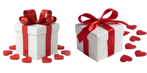 White gift box with red ribbon bow and scattered red hearts, isolated on transparent background PNG