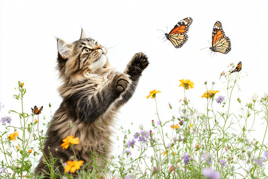 Whimsical Cat and Butterflies: A curious cat with lush fur, stands amidst a field of wildflowers, playfully reaching up towards colorful butterflies in mid-flight.
