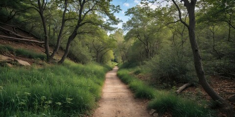 Naklejka premium Forest pathway surrounded by lush green vegetation and trees under a partly cloudy sky in a natural setting.