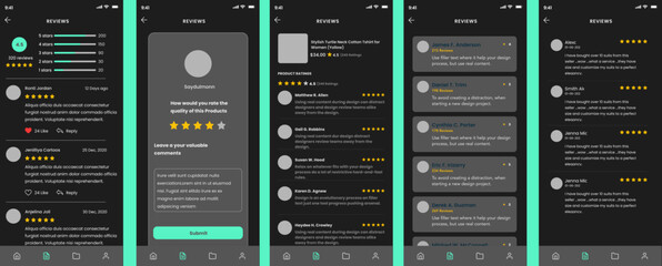 Black Reviews, Opinions & Comments, Review with Star and Comment Dark Screen App UI Kit Template