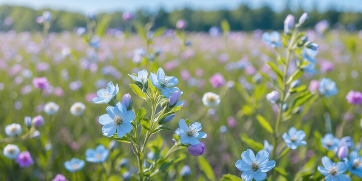 Field of wildflowers with blue and pink blooms under soft sunlight in a lush green landscape during spring or summer season.