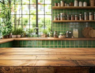 Fototapeta premium Empty wooden table in a blurred green rustic kitchen