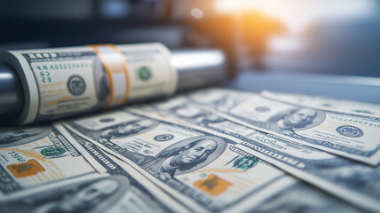 Close up of dollar bills being printed, showcasing detailed currency design and texture. image captures essence of money production, evoking sense of value and economy