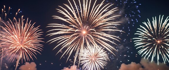 colorful fireworks display in night sky with multiple explosion patterns and vibrant light effects