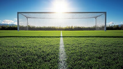 Fototapeta premium Open soccer field complete with goalposts, grass pitch, and clear blue sky