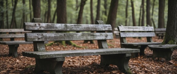 Wooden benches in a forest setting surrounded by fallen leaves and trees in a natural park environment