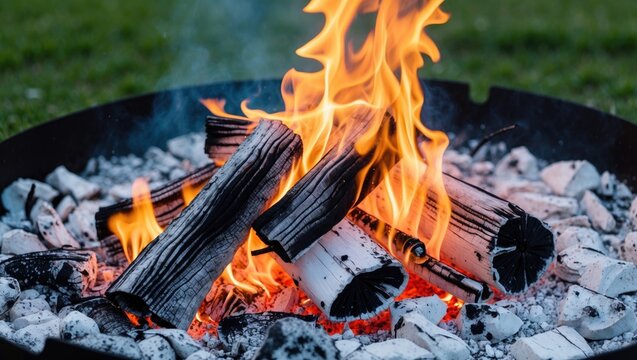 Burning logs in a fire pit with flames and glowing embers surrounded by ash and stone in an outdoor setting
