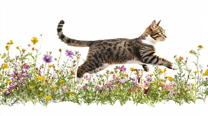 Obraz premium Leaping Feline in Flower Field: A dynamic portrait of a domestic cat captured mid-leap, gracefully traversing a vibrant field of wildflowers.
