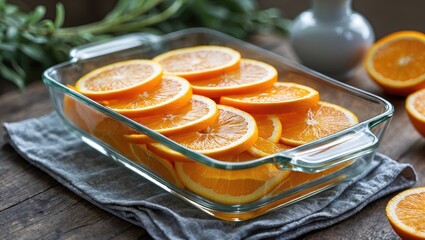 Sliced oranges arranged in a glass dish on a wooden surface with a gray cloth and whole oranges nearby.