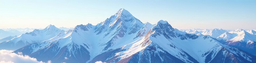 Fototapeta premium Snowy mountain peaks rise high in the frosty air, frosty mornings, winter wonderland, snowy peak