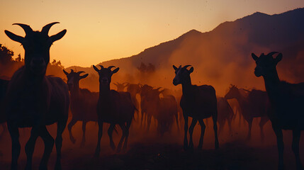 Goat Herd Moving Through Dust at Sunset with Mountain Backdrop