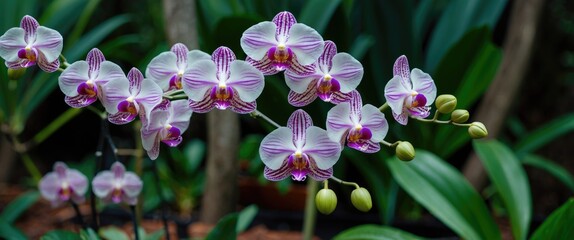 Naklejka premium Phalaenopsis orchid flowers in bloom with lush green foliage in the background showcasing vibrant purple and white petals