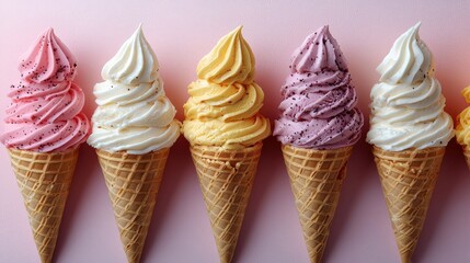 Colorful Ice Cream Cones with Swirls of Different Flavors on a Soft Pink Background